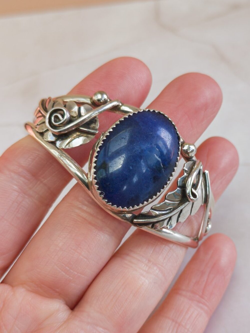Vintage Navajo Sterling Silver Cuff Bracelet–Signed “T Sterling”–Lapis Lazuli - Picture 2 of 10